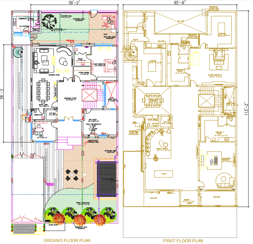 113×65 Ft House Plan with Ground & First Floor CAD
